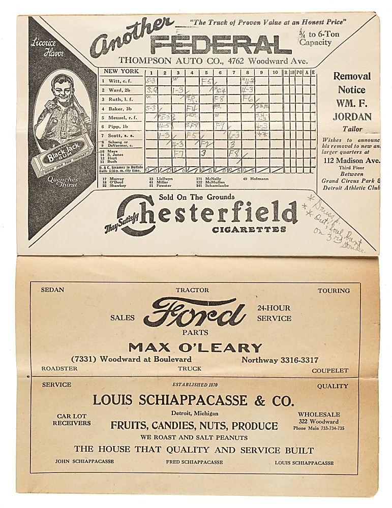 1922 Detroit Tigers (vs. New York Yankees) Program with Babe Ruth and Ty Cobb in Lineup