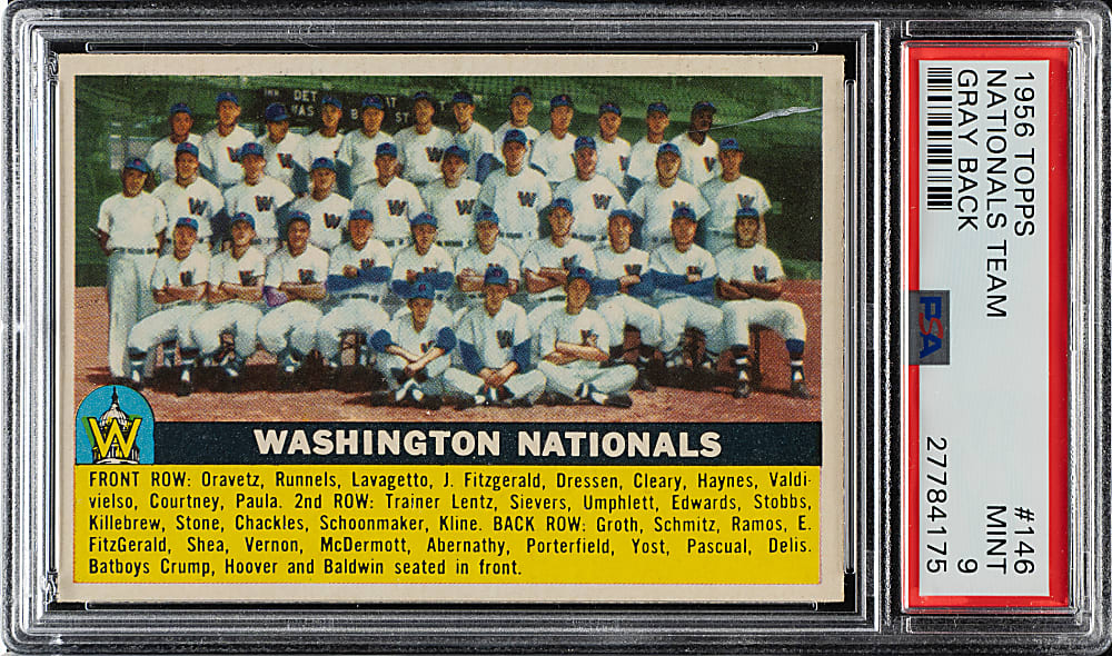 1956 Topps #146 Washington Nationals Team Gray Back PSA MINT 9 - Highest Graded!
