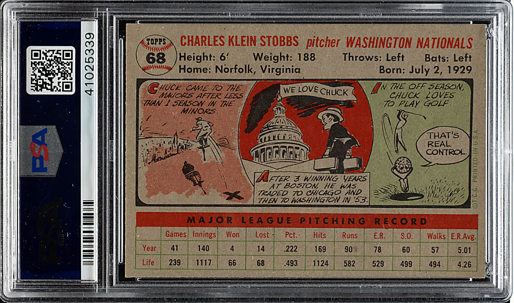 1956 Topps #68 Chuck Stobbs Gray Back PSA MINT 9