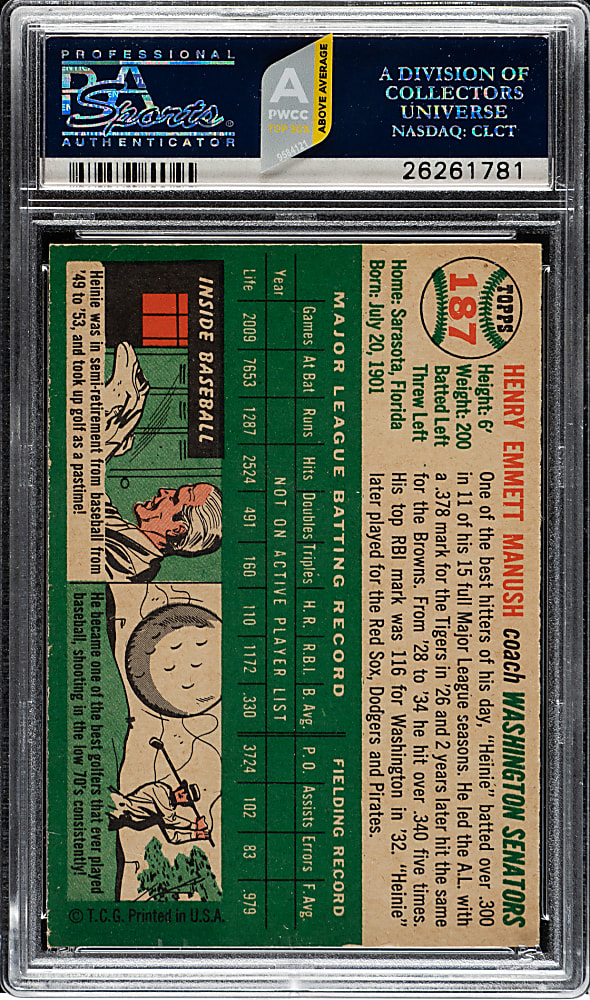 1954 Topps #187 Heinie Manush PSA MINT 9