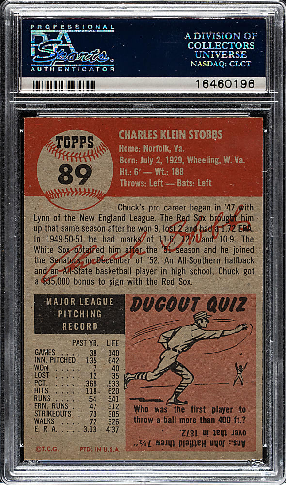 1953 Topps #89 Chuck Stobbs PSA MINT 9 - 1 of 4 - Highest Graded!