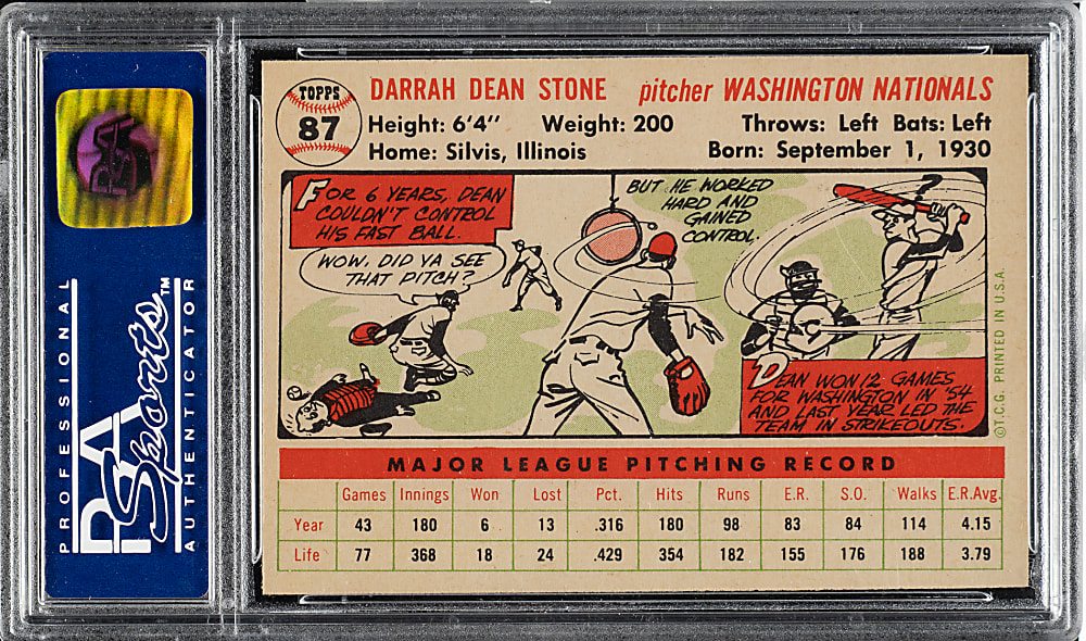 1956 Topps #87 Dean Stone White Back PSA MINT 9