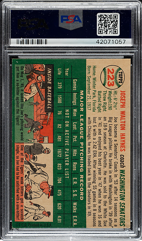 1954 Topps #223 Joe Haynes PSA MINT 9 - Highest Graded!