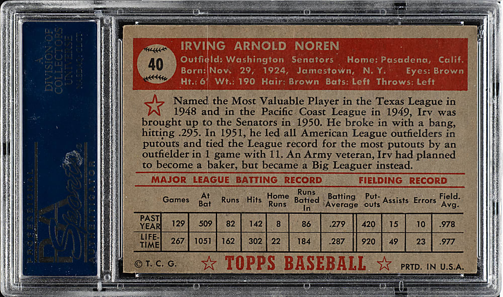 1952 Topps #40 Irv Noren PSA NM+ 7.5