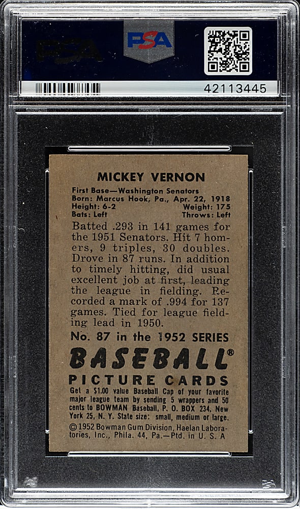 1952 Bowman #87 Mickey Vernon PSA MINT 9