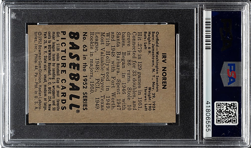 1952 Bowman #63 Irv Noren PSA MINT 9 - Highest Graded!