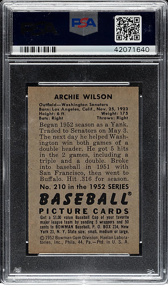 1952 Bowman #210 Archie Wilson PSA MINT 9
