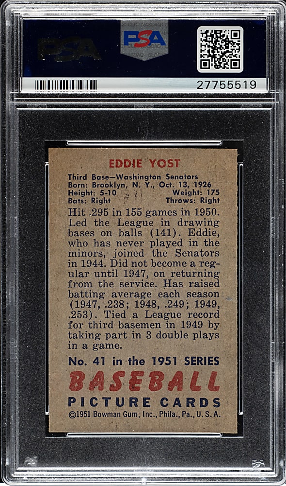 1951 Bowman #41 Eddie Yost PSA MINT 9