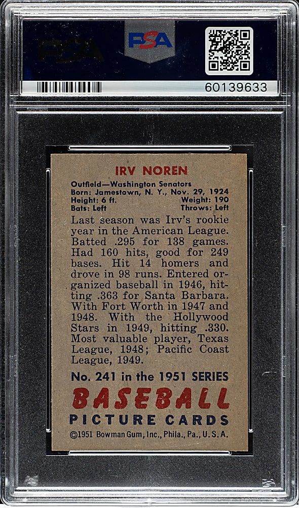 1951 Bowman #241 Irv Noren PSA MINT 9