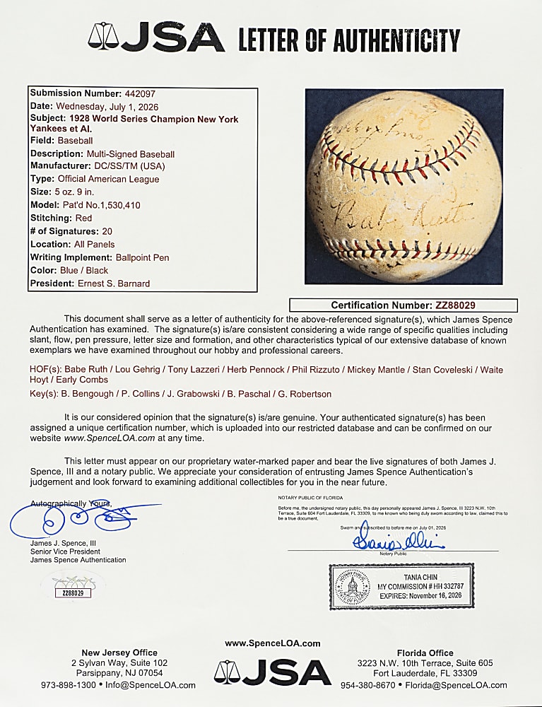1928 New York Yankees World Champions Team-Signed Baseball with Babe Ruth and Lou Gehrig - JSA
