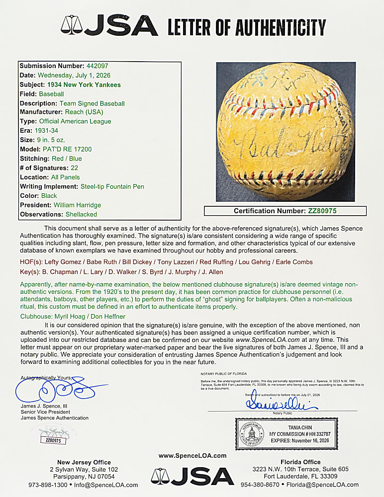 1934 New York Yankees Team-Signed Baseball with Babe Ruth and Lou Gehrig - JSA - Gehrig's Triple Crown Season!