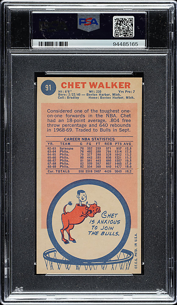 1969-1970 Topps Basketball #91 Chet Walker PSA MINT 9 - Highest Graded!