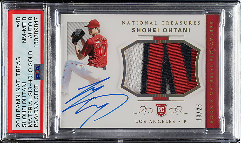2018 Panini National Treasures Material Signatures #48 Shohei Ohtani Rookie Holo Gold #19/25 PSA NM-MT 8 with NM-MT 8 Signature