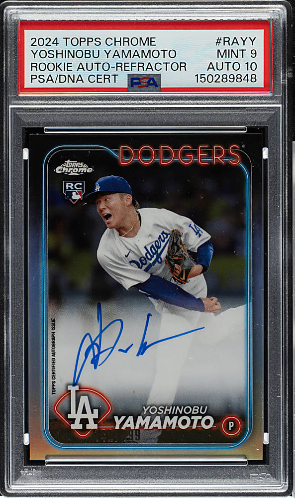 2024 Topps Chrome Autographs #RA-YY Yoshinobu Yamamoto Rookie Refractor #142/499 PSA MINT 9 with GEM MINT 10 Signature