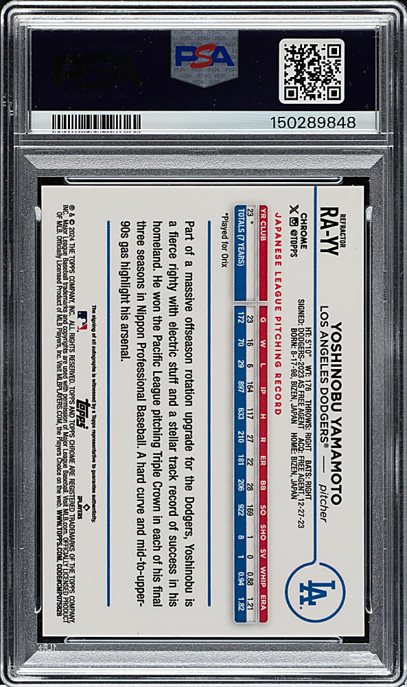 2024 Topps Chrome Autographs #RA-YY Yoshinobu Yamamoto Rookie Refractor #142/499 PSA MINT 9 with GEM MINT 10 Signature