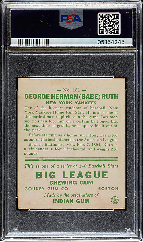 1933 R319 Goudey #181 Babe Ruth PSA EX-MT 6