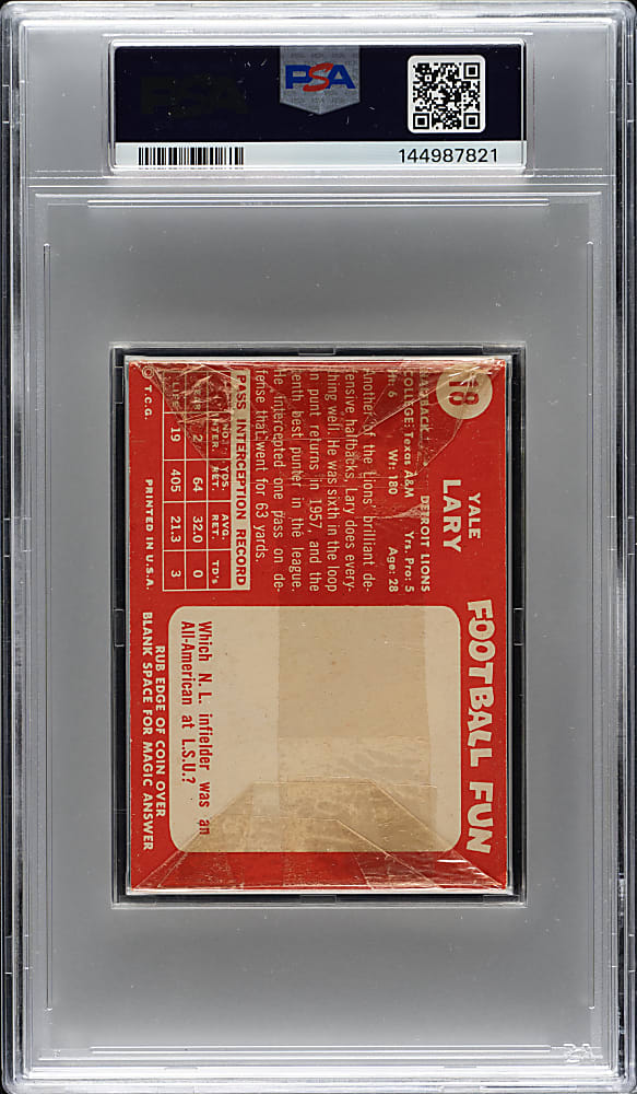 1958 Topps Football Unopened Cello Pack PSA EX-MT 6 - Yale Lary on Back
