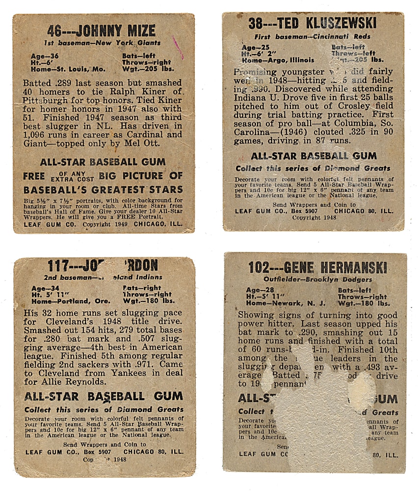 1948-1949 Leaf Partial Standard Set (38/49) Including Johnny Mize and Joe Gordon