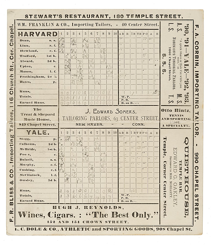1890 Yale (vs. Harvard) Baseball Scorecard with Amos Alonzo Stagg