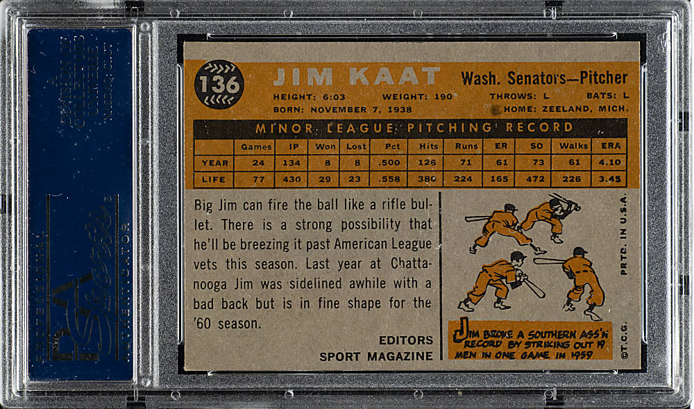 1960 Topps #136 Jim Kaat Rookie PSA NM-MT 8