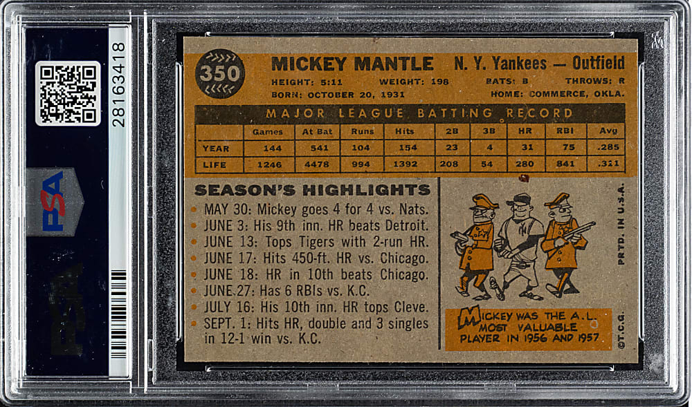1960 Topps #350 Mickey Mantle PSA NM-MT 8