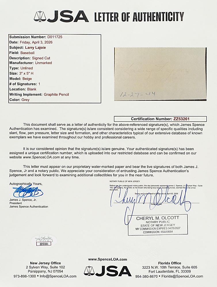 1944 Napoleon “Larry” Lajoie Cut Signature - JSA