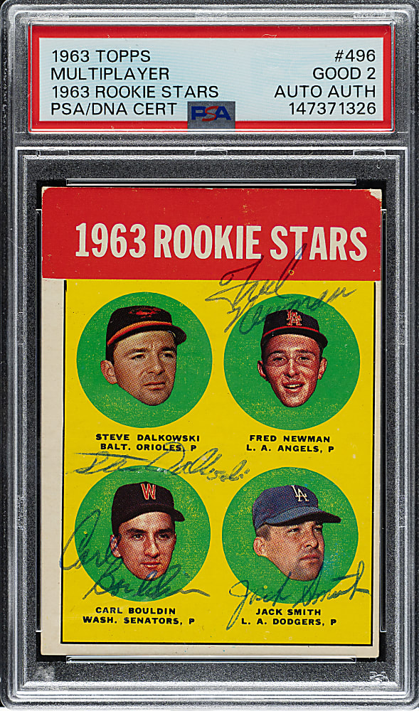 Signed 1963 Topps #496 Steve Dalkowski/Fred Newman/Carl Bouldin/Jack Smith PSA GOOD 2