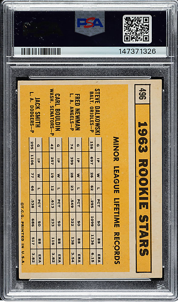 Signed 1963 Topps #496 Steve Dalkowski/Fred Newman/Carl Bouldin/Jack Smith PSA GOOD 2