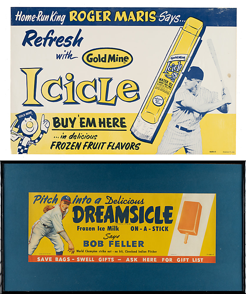 1947 Circa Bob Feller Dreamsicle and 1962 Roger Maris Gold Mine Icicle Advertisement Pair