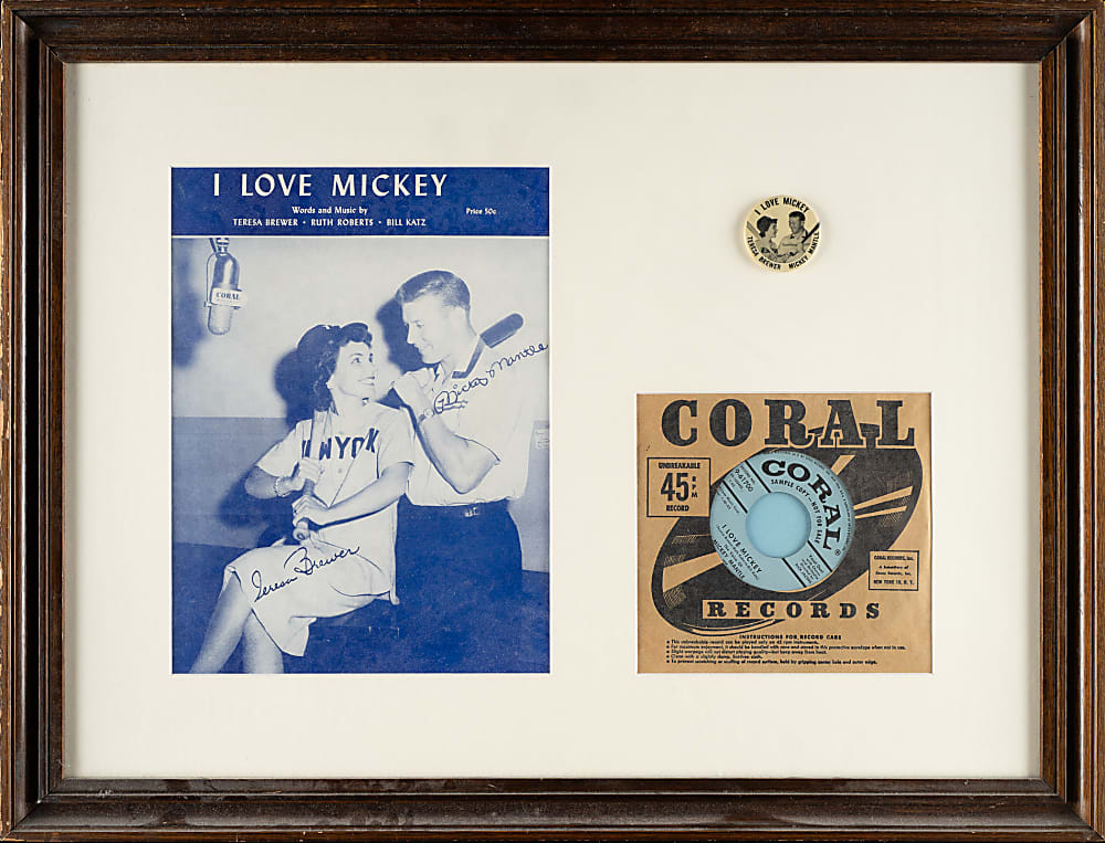 Circa 1956 "I Love Mickey" Sheet Music, Pin, and Record in Framed Display