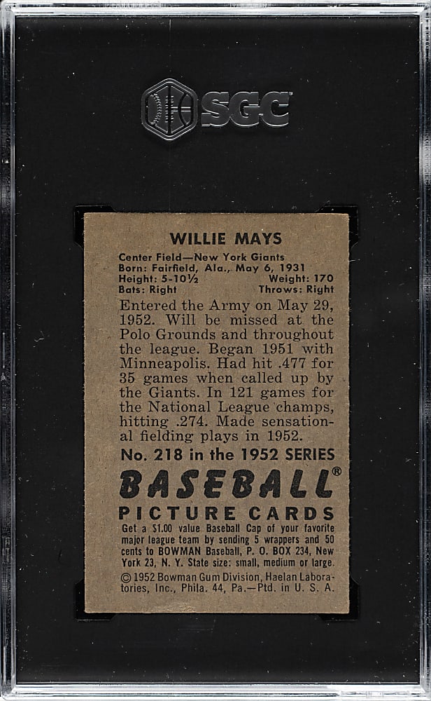 1952 Bowman #218 Willie Mays SGC EX 5