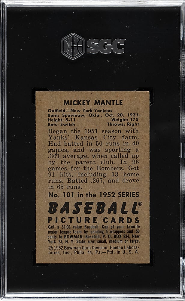 1952 Bowman #101 Mickey Mantle SGC EX 5