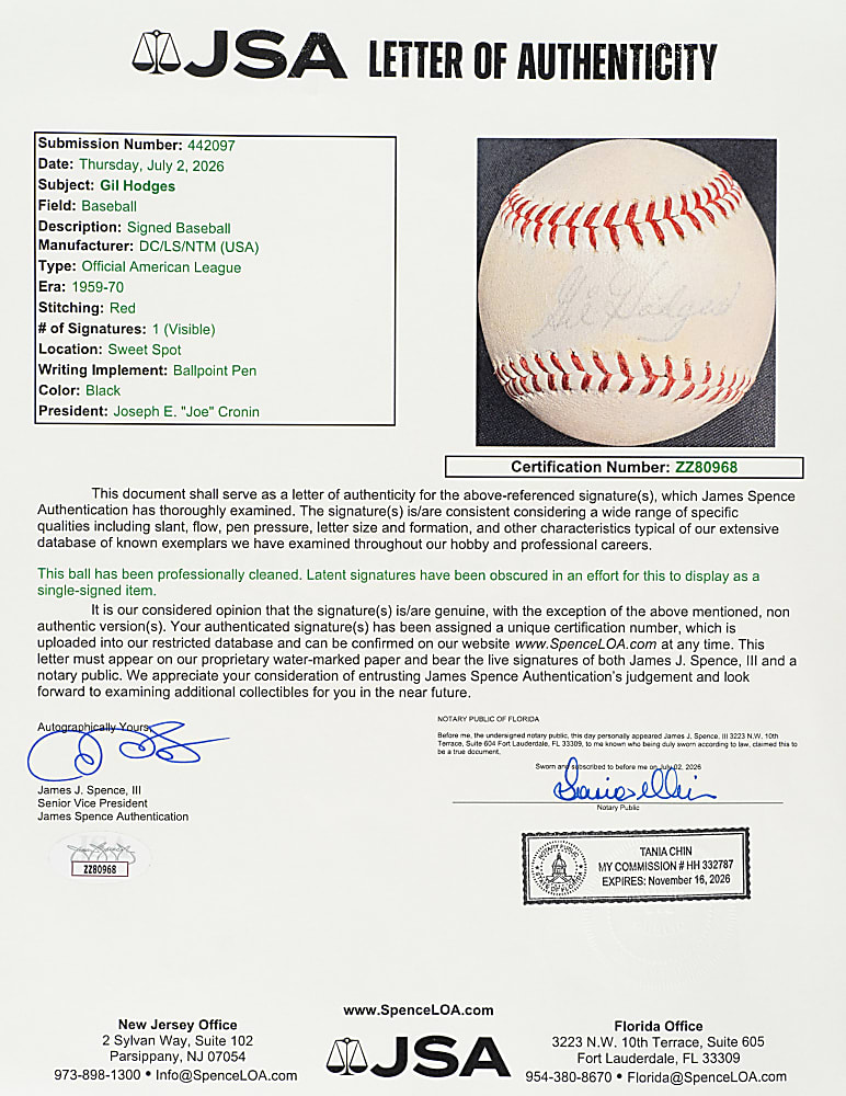 Gil Hodges Signed Baseball - Displays as a Single - JSA