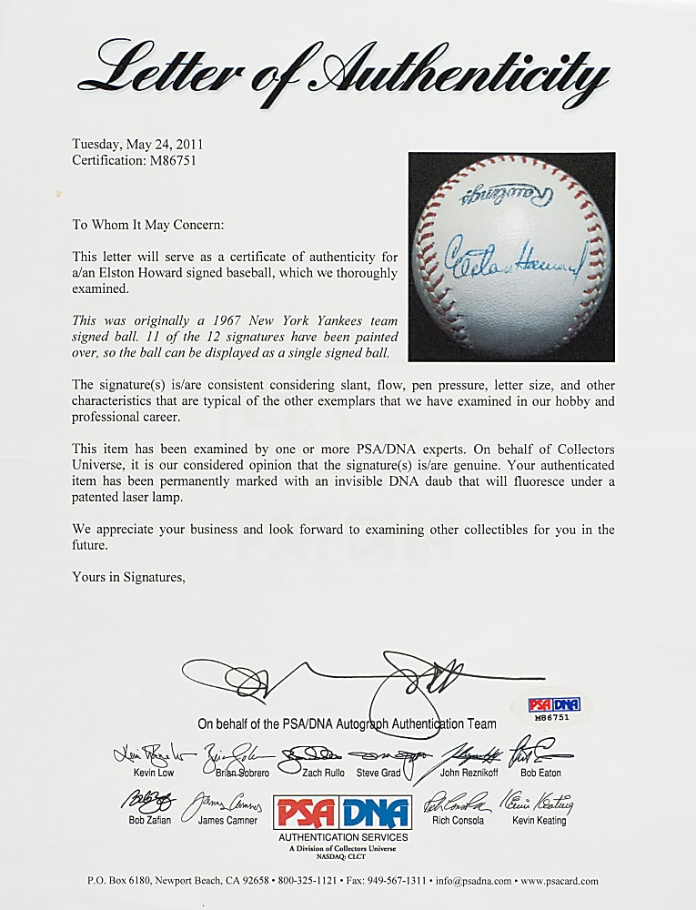 Elston Howard Signed Baseball - Displays as a Single - PSA/DNA