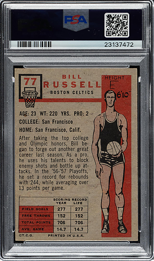 1957-1958 Topps Basketball #77 Bill Russell Rookie PSA EX-MT 6