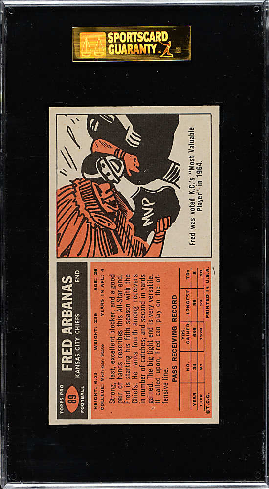 1965 Topps Football #89 Fred Arbanas SGC MINT 96 - 1 of 1 - Highest Graded!