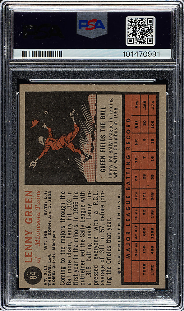 1962 Topps #84 Lenny Green PSA MINT 9 - 1 of 2 - Highest Graded!