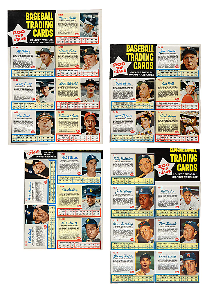 1962 Post Cereal Complete Uncut Panel Collection (13) Including Aaron, Berra, and Kaline