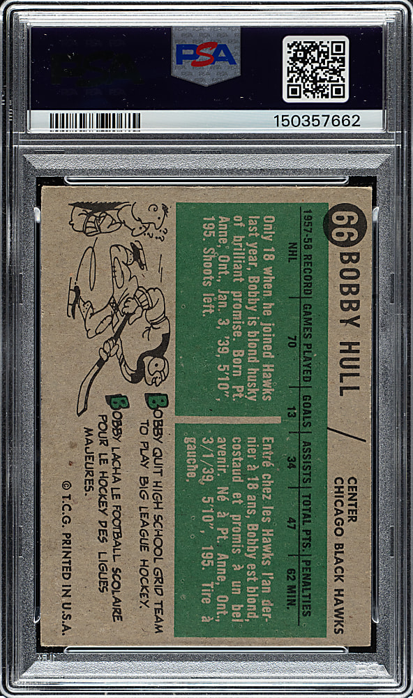 1958-1959 Topps Hockey #66 Bobby Hull Rookie PSA VG-EX 4