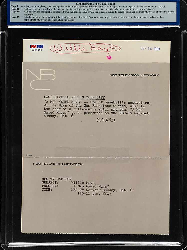 1963 Willie Mays Original National Broadcasting Company Photograph PSA/DNA Type I