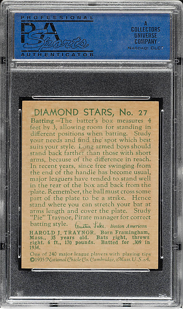 1934-1936 R327 Diamond Stars #27 Pie Traynor PSA NM-MT 8