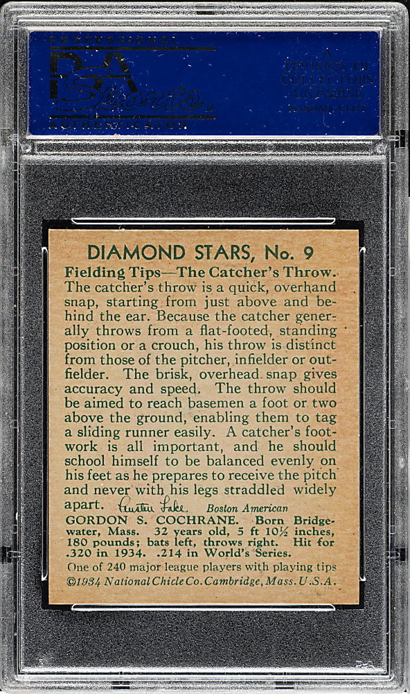 1934-1936 R327 Diamond Stars #9 Mickey Cochrane (1935 Green Back) PSA NM-MT 8