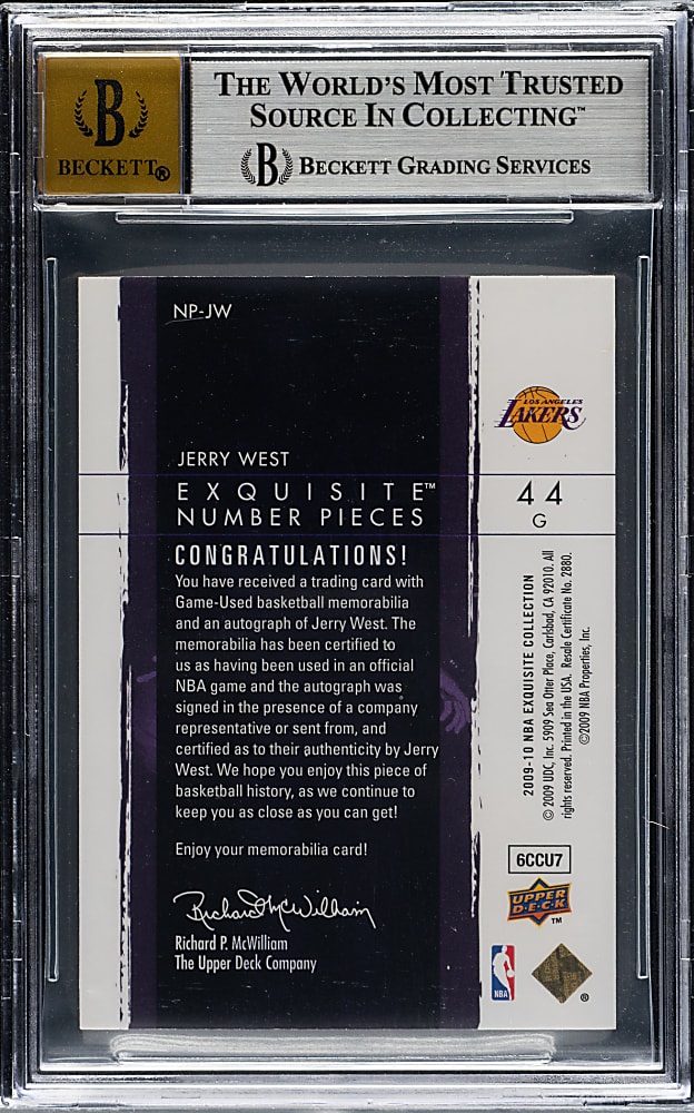 2009-2010 Upper Deck Exquisite Collection Number Pieces Autographs Basketball #NP-JW Jerry West #6/44 BGS MINT 9 with GEM MINT 10 Signature