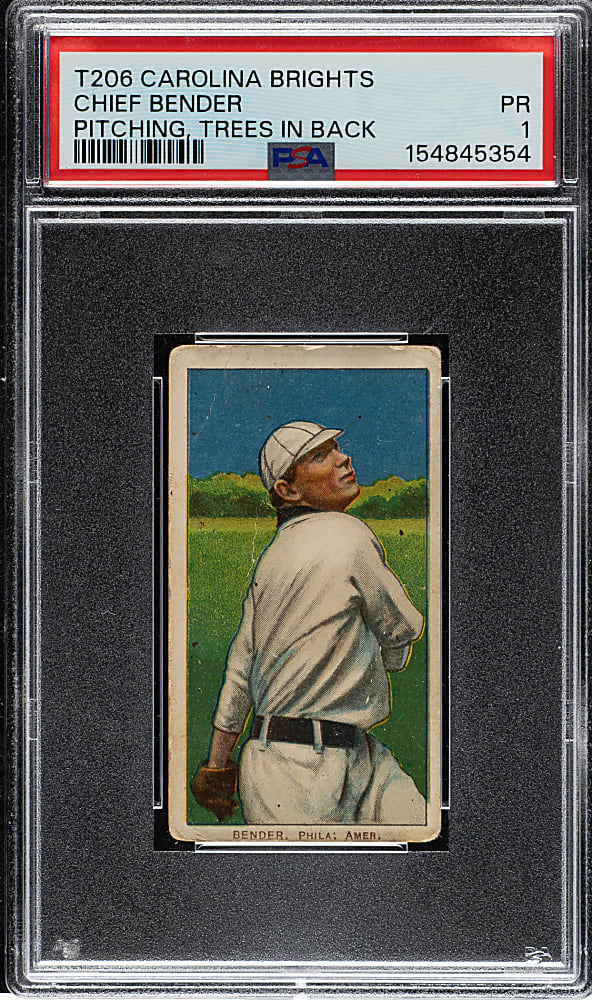 1909-1911 T206 White Border Chief Bender Pitching Trees in Background PSA POOR 1 - Carolina Brights Back