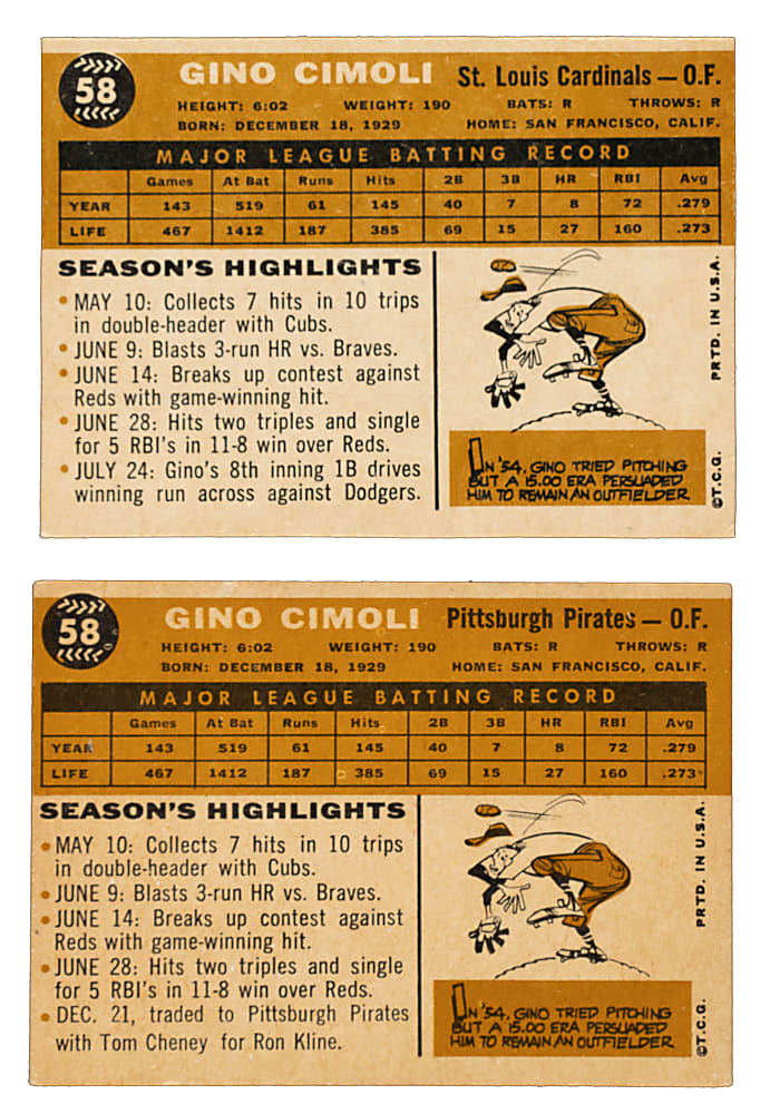 Extremely Rare 1960 Topps #58 Gino Cimoli Unissued Team Variation Proof