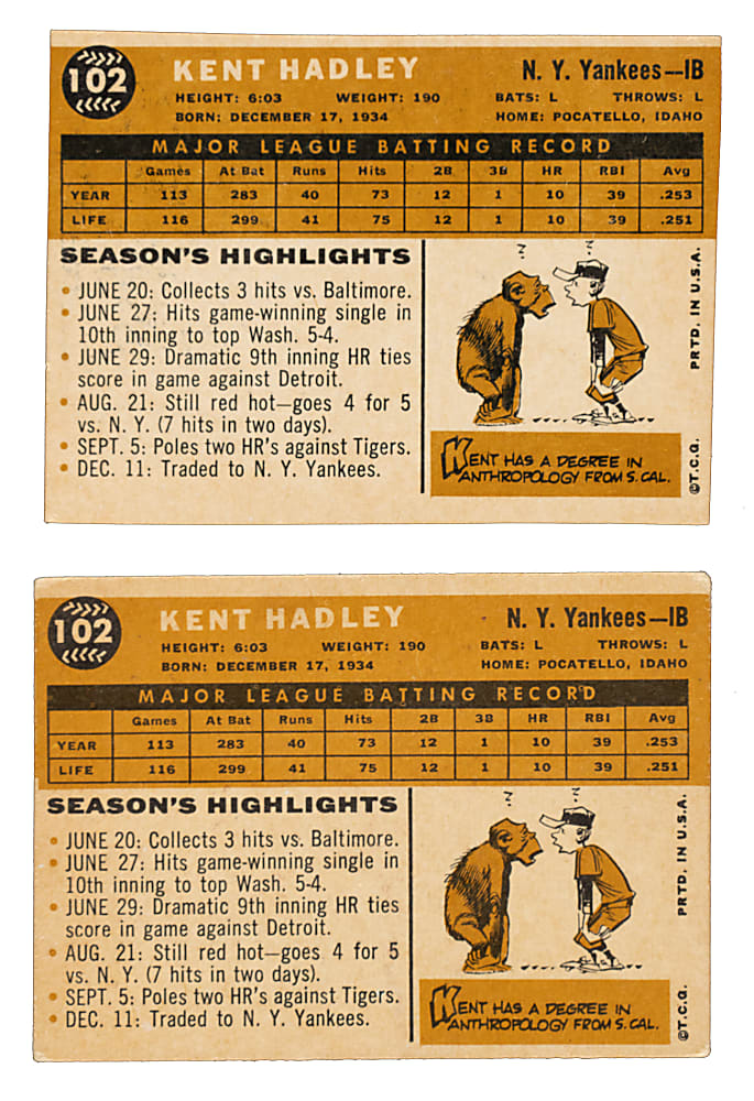 Extremely Rare 1960 Topps #102 Kent Hadley Unissued Team Variation Proof