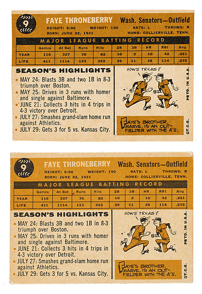 Extremely Rare 1960 Topps #9 Faye Throneberry Unissued Team Variation Proof