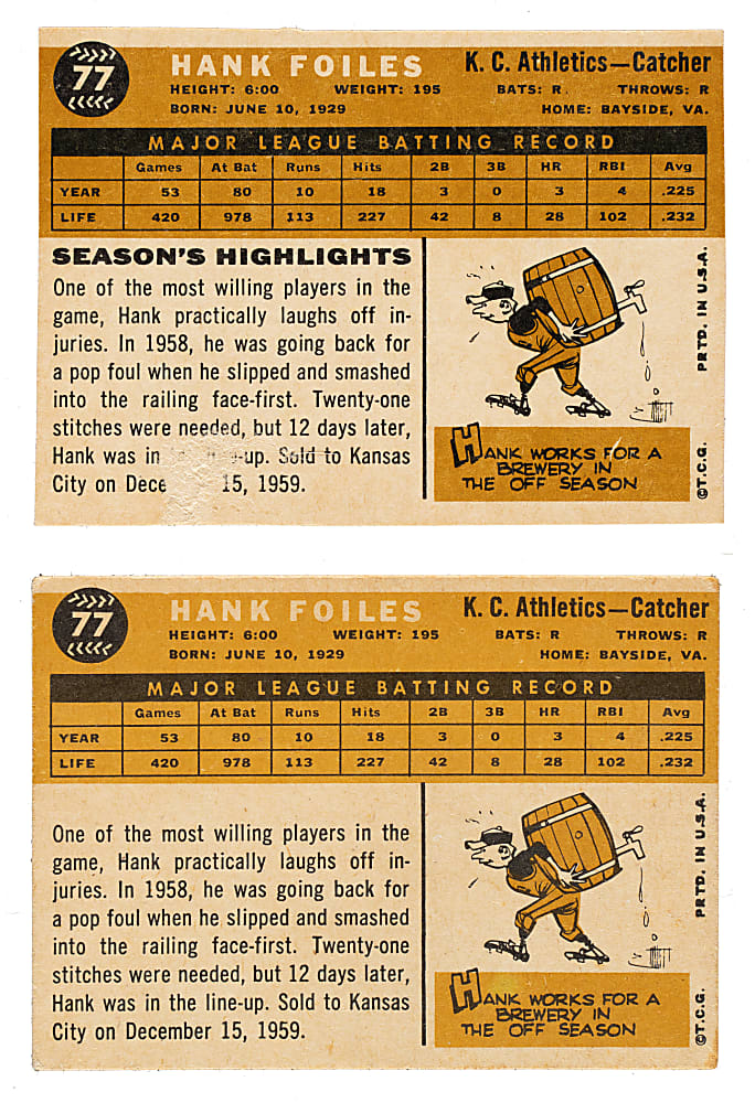 1960 Topps #77 Hank Foiles Unissued Color Variation