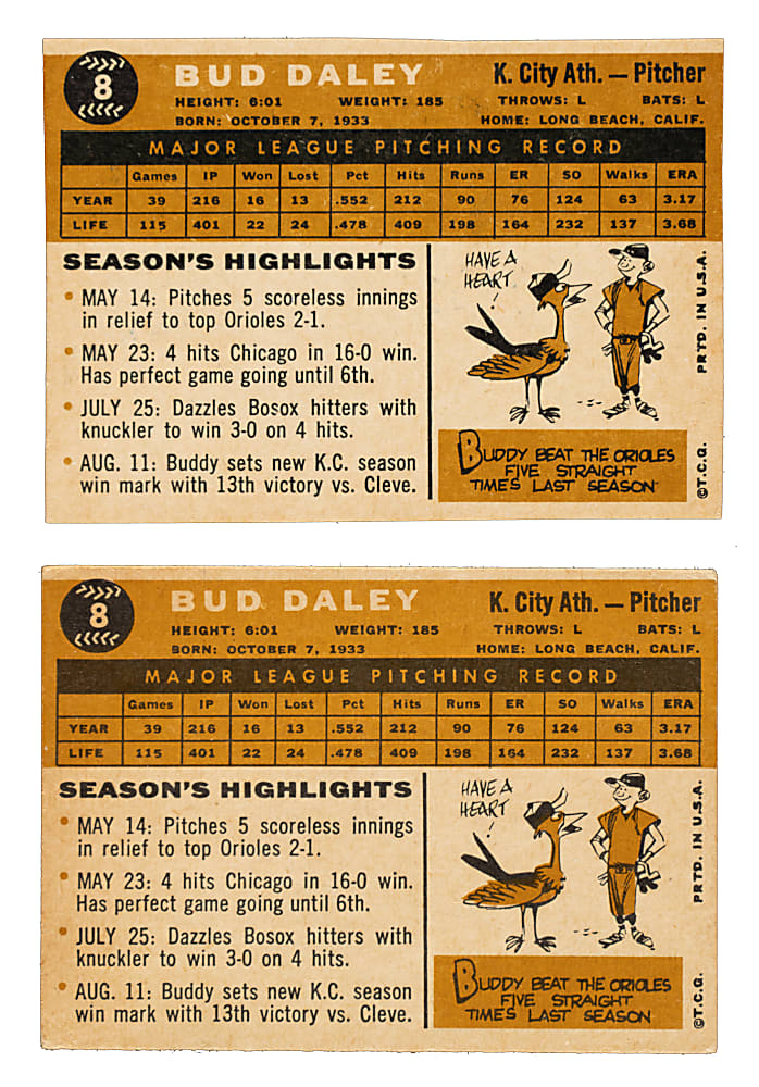 1960 Topps #8 Bud Daley Unissued Color Variation