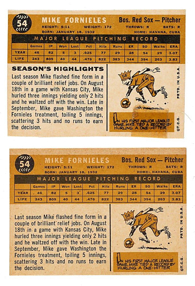 1960 Topps #54 Mike Fornieles Unissued Color Variation